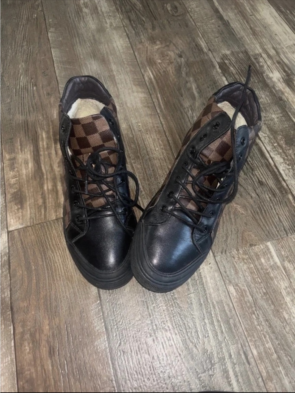 Women's Black Leather High-Top Sneakers with Brown Check Tongue